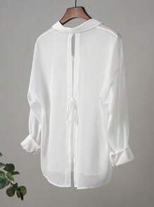 Chiquease 女式领口纽扣前系带蝴蝶结衬衫，优雅时尚办公装 - 白色 - 查看 7