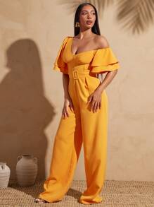 Vixey Asymmetrical Neck Off Shoulder Ruffle Sleeves Jumpsuit With Belt, Boho, Boho Women Clothing, Summer, Summer Outfits For Women, Spring Outfits For Women, Island Vacation Outfits - Orange - View 5