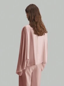 Ontre Blusa elegante de estilo minimalista y casual de negocios con mangas anchas de material de satén para mujeres, cuello barco de seda de moral rosa de manga larga, otoñal de vuelta al colegio 2025