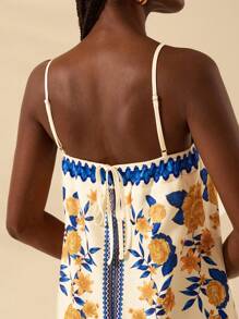 CAJUNI 女式波西米亚热带蓝黄花卉印花细肩带交叉后背短款休闲度假海滩夏季连衣裙