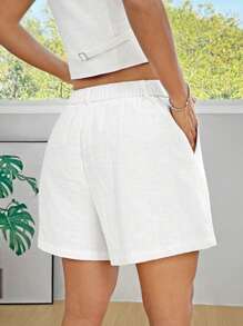 SHEIN EZwear 女式纯色口袋简约休闲长裤 - 白色 - 查看 2