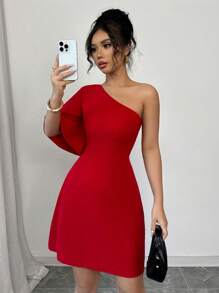 Elenzga Thời trang nữ gợi cảm màu trơn một bên vai tay loe ôm vừa vặn, thường ngày & hẹn hò ban đêm - Đỏ - Xem 1