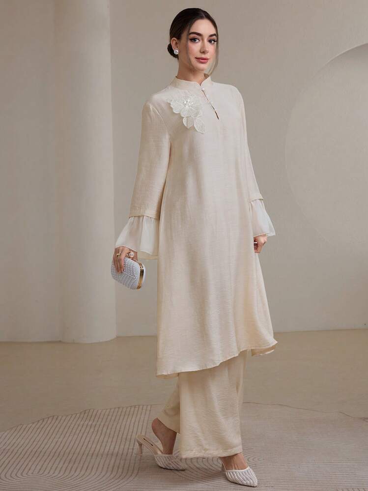 Graceveil 2pcs/Set Women Elegant Stand Collar Ruffle Cuff Long Sleeve Set Modest Fall Cloth For Women - Apricot - View 6