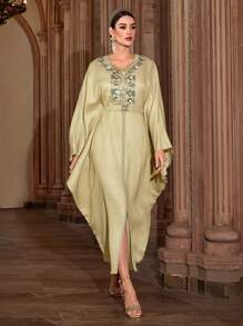 Al Najma Women's Embroidered Batwing Sleeve Turkish & Arabic Traditional Long Dress, Kaftan & Jalabiya, Luxury Evening Dresses For Women - Apricot - View 3