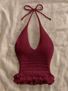 Soleia 休闲纯色荷叶边饰挂脖针织上衣 - 酒紅色 - 查看 5