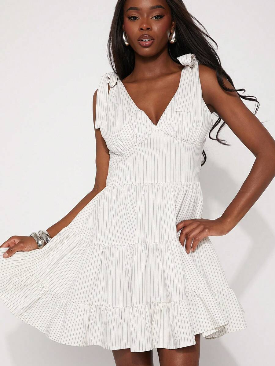 SHEIN Unity Dress Spring Tie Shoulder Deep V-Neck Knee Length Festival Summer Office Siren Gyaru Old Money Style Wedding Guest Special Occasion For Bridal Dinner Prom Thanksgiving Christmas NYE New Years Eve Outfits For Women - Black and White - View 1