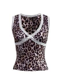 INAWLY Áo ba lỗ ren họa tiết da báo thời trang mùa hè cho nữ Áo thun nữ - Nhiều màu - Xem 3