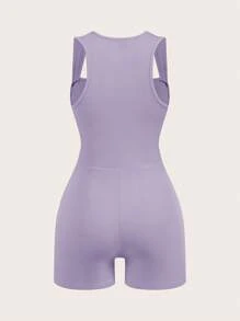 SHEIN BASICS 2 件套纯色针织连体裤，修身，有领，无袖，休闲风格，女士 - 紫色 - 查看 3