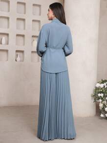 Veilorie Conjunto de blusa con cordones envolventes y falda plisada de abaya, modesto - Azul - Ver 4