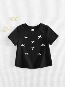 Cozy Pixies Baby Girl Bow Decor Soft Knit Crew Neck Short Sleeve Pullover Top - Black - View 3