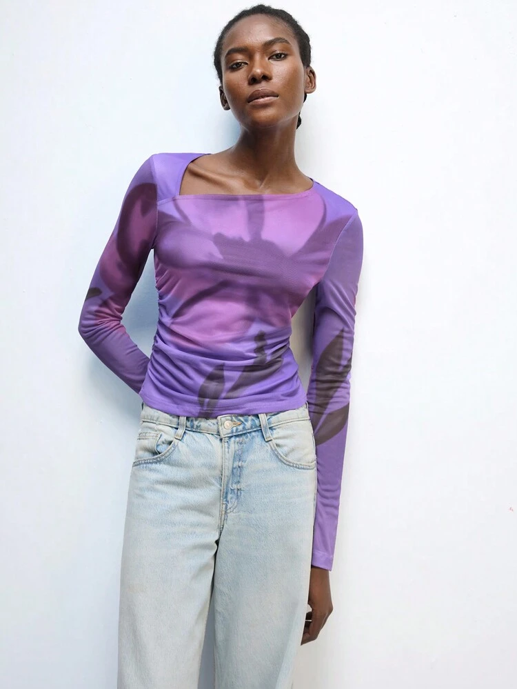 SHEIN Maija Valentine's Day Women's Spring And Summer New Purple Flower Print Elegant Modern Urban Daily Casual Tops T-Shirts Suitable For Going Out Festival Party Date Party Wedding Music Festival 90s Women's Retro Bohemian