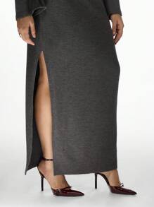 MISSGUIDED PLUS Plus Size Off-Shoulder Maxi Dress With Side Slit Elegant Long Sleeve Evening Party Winter Fall Wedding Guest Floor Length Bodycon - Grey - View 6