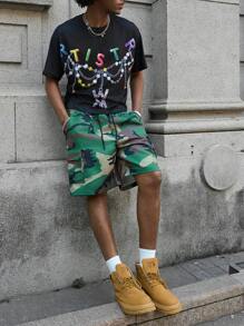 1 件男士 T 恤，配有 Manfinity EMRG 男士街头大链条、彩色金属项链、金属齿、街头宽松 T 恤、男友礼物、男士礼物、适合朋友图案 T 恤图案 - 黑色 - 查看 6