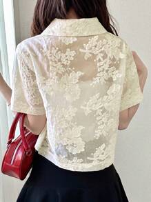 FRIFUL 女士蕾丝边短衬衫，优雅女士夏季上衣 - 杏色 - 查看 5