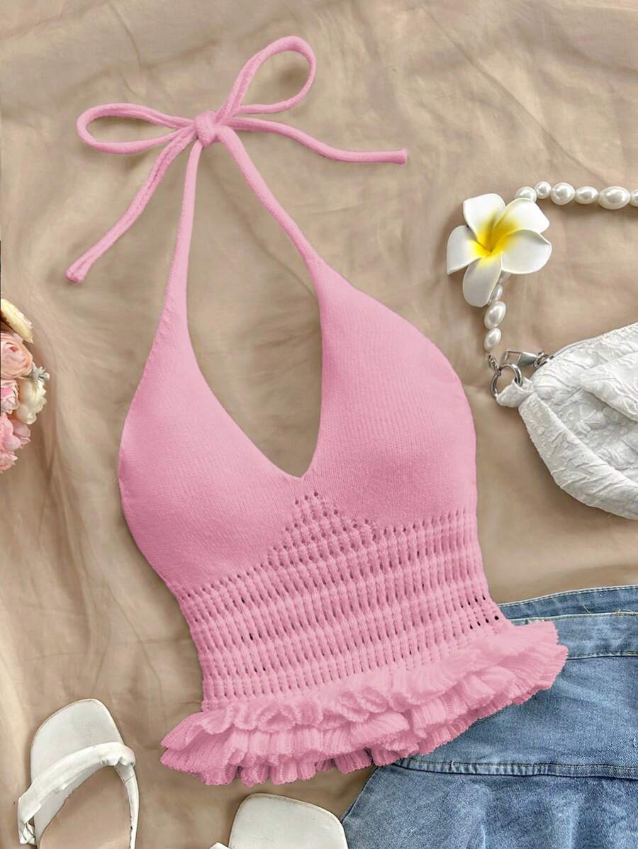 Soleia Áo len cổ yếm hở lưng viền bèo nhún giản dị - Hồng - Xem 1