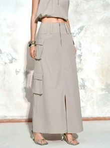 Arave 女士纯色前拉链口袋休闲半身裙 - 卡其色 - 查看 4