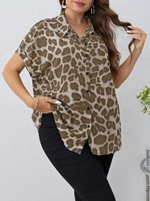 SHEIN Clasi 大码豹纹蝙蝠袖休闲工作衬衫