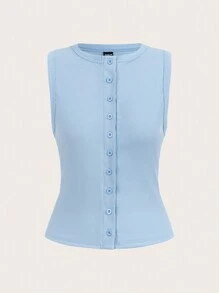 SHEIN BASICS Áo ba lỗ hở lưng không tay cổ tròn dệt kim màu trơn đơn giản dành cho nữ - Màu xanh nhạt - Xem 3