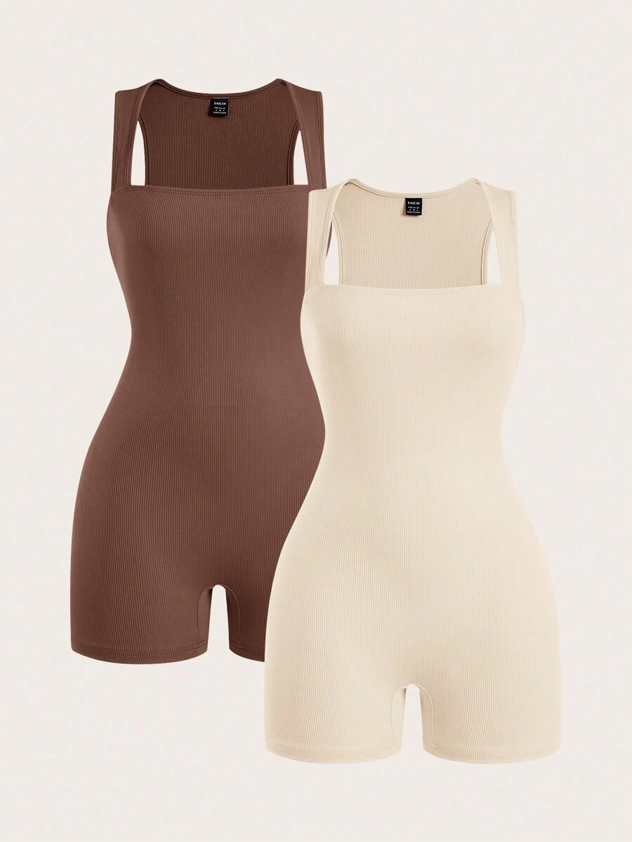 SHEIN BASICS 2pcs/Set Casual Solid Color Knitted Jumpsuit With Transformable Collar For Women, Slim Fit/Summer - Brown - View 1