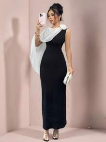 Elenzga Đầm dài in hoa có cổ khăn choàng - màu đen - Xem 1