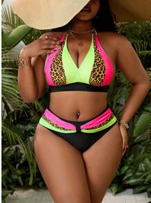 SHEIN Swim Curve Conjunto de 2 piezas de bikini para mujer talla grande de estilo halter, de colores múltiples, casual, para resort, piscina, playa y vacaciones, para el verano