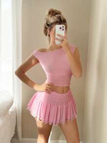 Sweetina Spring Outfits For Women Going Out Spring Break Asymmetrical Shoulder Top And Low-Waist Mesh Midi Pink Skirt 2 Pieces Outfit - Pink - View 7