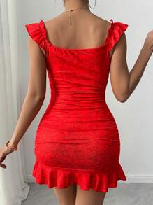 VaVaBold Vestido elegante con estampado floral, volantes en el bajo, atado al frente y hombros al descubierto para vacaciones y playa para mujeres - Rojo - Ver 2