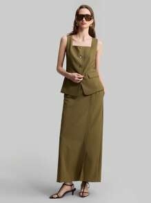 Ontre Conjunto de falda y chaleco de cuello cuadrado, de tela de lino, estilo resort, color verde militar, conjunto de uso diario, conjunto de chaleco sin mangas, traje de mujer