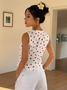 SHEIN Unity Resort Style Heart Textured Fabric Tie-Front Sleeveless Tank Top For Women - White - View 2