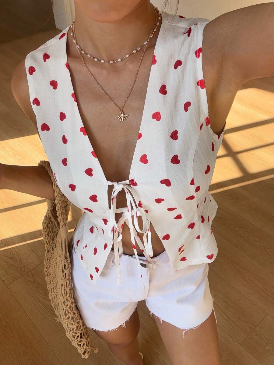 SHEIN Unity Resort Style Heart Textured Fabric Tie-Front Sleeveless Tank Top For Women - White - View 1