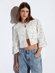 Maija 2025新款夏季白色圆领3D亮片商务休闲女式网眼刺绣短外套，适合户外活动、生日派对、婚礼、毕业典礼、早午餐