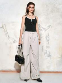 SHEIN LUNE 女式黑色蕾丝拼布细肩带吊带背心设计上衣，夏季 - 黑色 - 查看 8