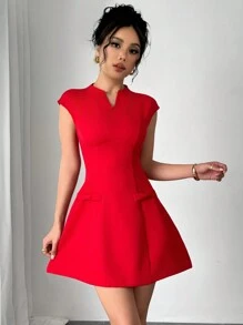 Firerie Vestido Vermelho de Nova Temporada de Casamento com Mangas Curtas e Decoração de Laço para Mulheres, Saia A-Line, Adequado para Temporada de Casamento, Vestido de Dama de Honra, Festa de Jardim, Encontro, Passeio e Outras Ocasiões - Vermelho - Visão 5