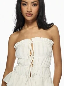 MISSGUIDED Elegant Pleated Bandeau Summer Top Ruched Tie Front Strapless Evening Party Club Wear Date Night Casual Beach Vacation Blouse - White - View 3