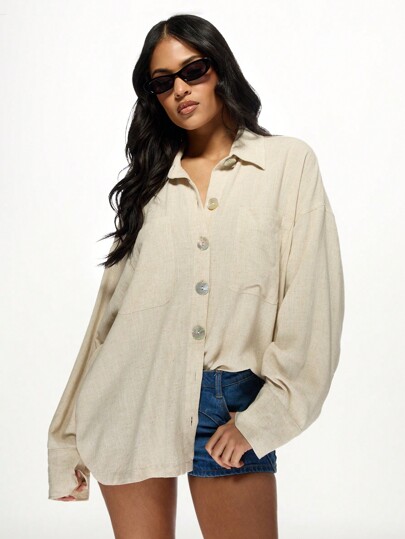 MISSGUIDED Lightweight Linen Button-Down Shacket Oversized Long Sleeve Casual Spring Summer Fall Transition Layer Office Work Weekend Casual Top