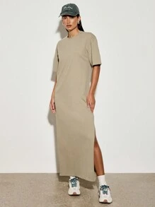 AiiRZ 休闲 T 恤长裙侧开衩运动都市长裙舒适家居服侧开衩街头风格运动休闲秋冬春 - 軍綠色 - 查看 1