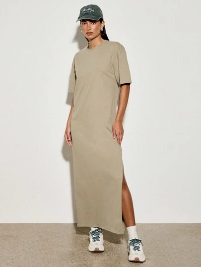 AiiRZ Casual T-Shirt Maxi Dress Split Side Sporty Athletic Urban Long Dress  Comfortable Loungewear With Side Slit Street Style Athleisure Fall Winter  SpringMISSGUIDED