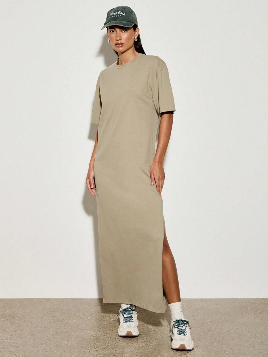 AiiRZ 休闲 T 恤长裙侧开衩运动都市长裙舒适家居服侧开衩街头风格运动休闲秋冬春 - 軍綠色 - 查看 1