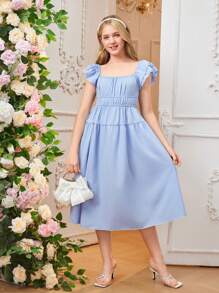 1pc Teen Girls' Square Neck Double Layered Ruffle Sleeve Midi Dress, Elegant Casual Sundress For Summer - Blue - View 4