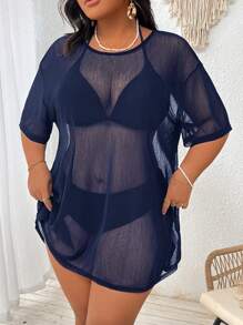 SHEIN Swim Curve Plus Size Sexy Sheer Solid Color Cover Up Dress, For Summer Beach Vacation