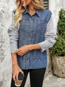 SHEIN LUNE Women's Contrast Color Knitted Sleeve Patchwork Denim Shirt Top Fall Cloth For Women - Blue - View 4