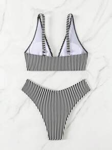 SHEIN Swim Striped Tankini Bikini Set For Beach Vacation For Summer - Black and White - View 2