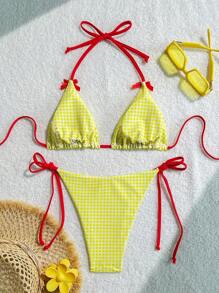 Swim Mod Bộ bikini họa tiết kẻ caro trang trí nơ đi biển cho nữ, in ngẫu nhiên - Màu vàng - Xem 2