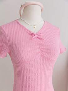 Wildeya Tween-Mädchen Kleid, elegantes, süßes, kurzärmliges Minikleid aus Strick mit Schleife, rosa Kleid, geeignet für Sommer und Frühling, passend für Party und Urlaub