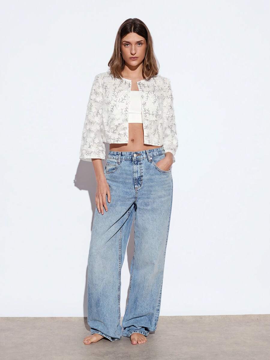 Maija 2025新款夏季白色圆领3D亮片商务休闲女式网眼刺绣短外套，适合户外活动、生日派对、婚礼、毕业典礼、早午餐