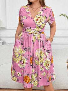 SHEIN Clasi Plus Size Pink Floral Print Wrap V-Neck Short Sleeve Summer Dress With Pockets