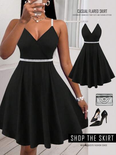 DreamSkyne Vestido camisero con espalda de tiras cruzadas y cinta de contraste, vestido semiformal, verano