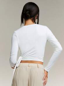 Athîral Women Plain White Color Long Sleeve Drawstring Casual Top - White - View 4