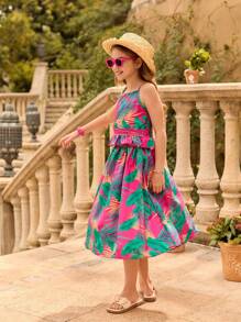 SHEIN Tween Girls Tropical Plant Printed Camisole Top & Matching Hollow-Out Skirt Set, Suitable For Beach Holiday Resort Wear