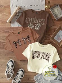 SHEIN EZwear 3 piezas Camiseta con gráfico de leopardo y letras - Multicolor - Ver 3